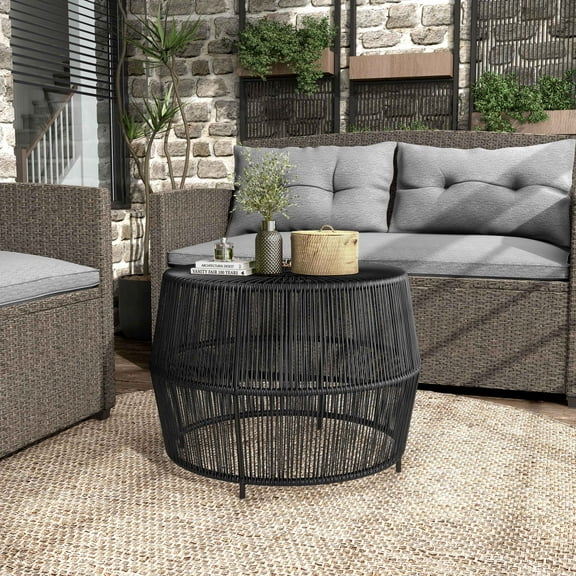Furniture of America Tej Round Metal and Rattan Black Coffee Table
