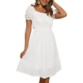 thumbnail image 4 of INSPIRE CHIC Women's Square Neck Short Puff Sleeve Elastic Waist Casual A-Line Summer Eyelet Midi Dresses S White, 4 of 5