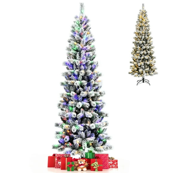 Gymax 8 ft Pre-lit Snow Flocked Artificial Christmas Tree w/ Multi-Color LED Lights