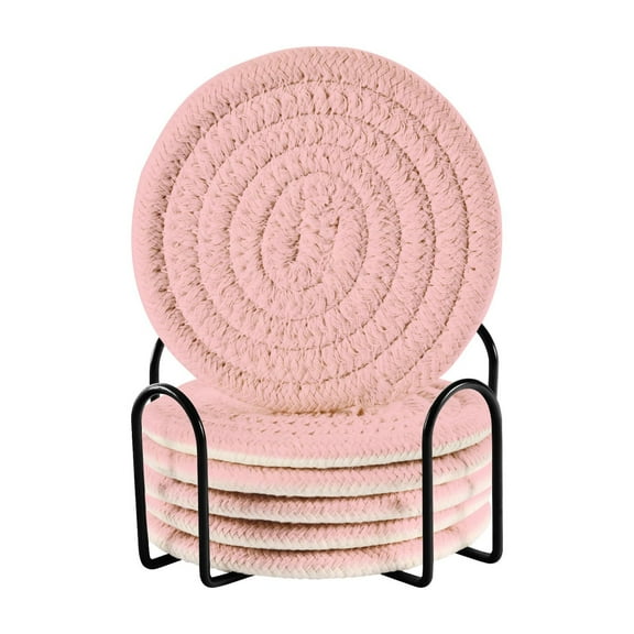 Pale Pink Coasters with Holder for Coffee Table 6 Pcs Drink Coaster Sets Absorbent for Home Decor 4 inch