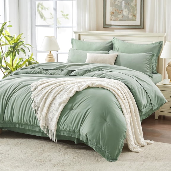 Andency Bed in a Bag Queen Comforter Set with Sheets Sage Green - 7 Pieces Boho Tassel Queen Bedding Sets, All Season Fringe Soft Lightweight Bed Set with Comforter, Sheets, Pillowcases & Shams