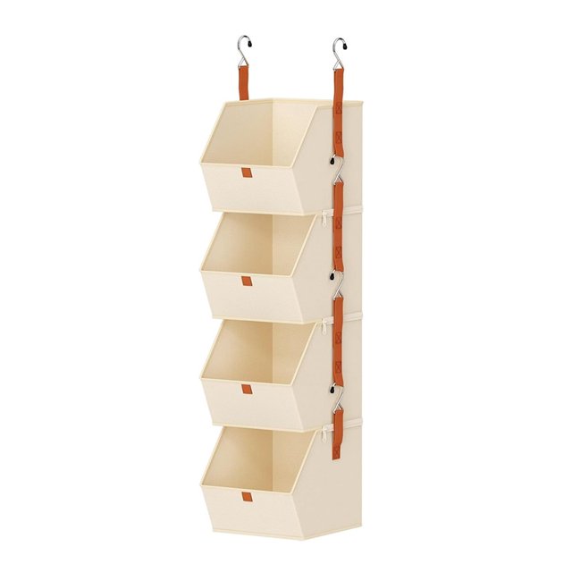 Organizador de Armario Colgante de 4 Niveles, Estantes para Colgar Ropa, de Armario Que Ahorra Espacio, Contenedores de Tela para Dormitorio, Color Beige.