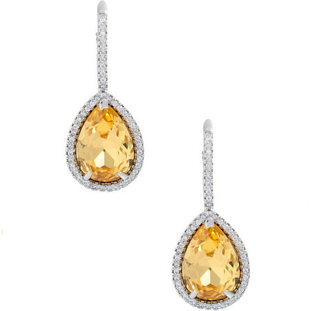 Pori Jewelers Citrine CZ Crystal 18kt White Gold-Plated Sterling Silver Teardrop Earrings