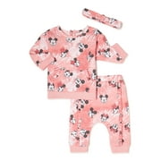 Minnie and Mickey Mouse Baby Girls Sweatshirt and Jogger Pants Set with Headband, 3-Piece
