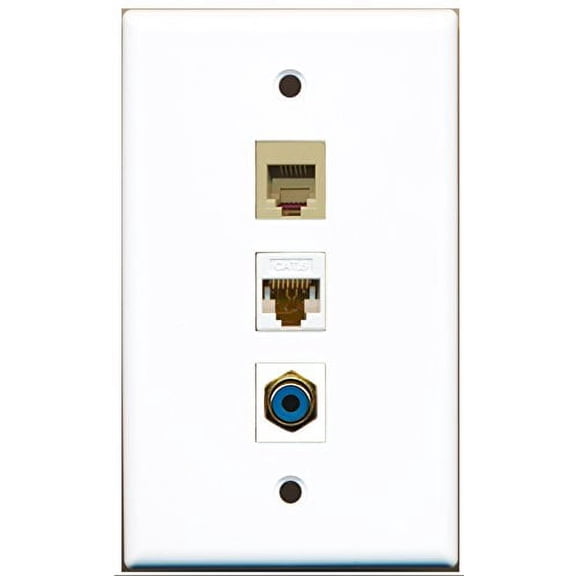 RiteAV - 1 Port RCA Blue and 1 Port Phone RJ11 RJ12 Beige and 1 Port Cat6 Ethernet White Wall Plate