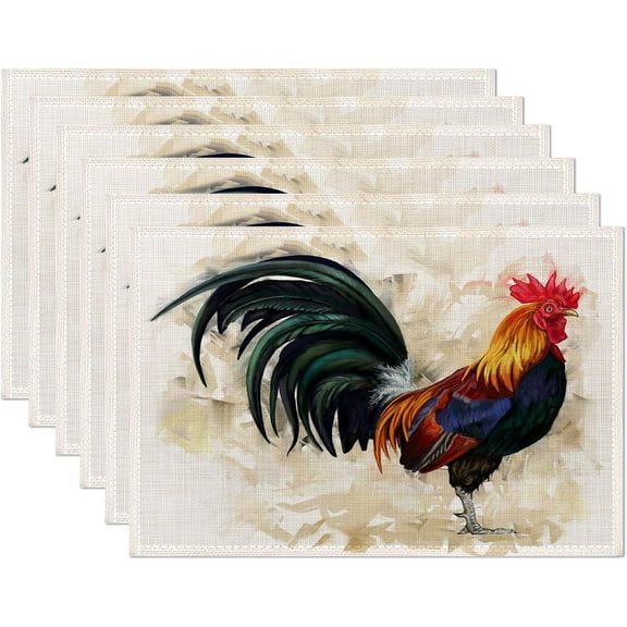 Hand-Painted Rooster Art Placemats Set of 6,Waterproof Non-Slip Washable Table Mats Set for Kitchen Dining Holiday Party Wedding Decor 12x18 Inch