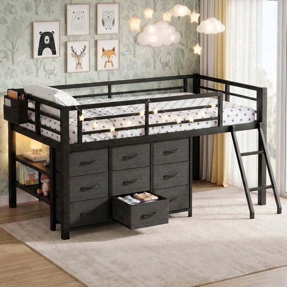 FIRSCOOK Twin Metal Low Loft Bed with 9 Storage Drawers, Side Shelves, Storage Bag and LED Lights for Small Spaces, Black
