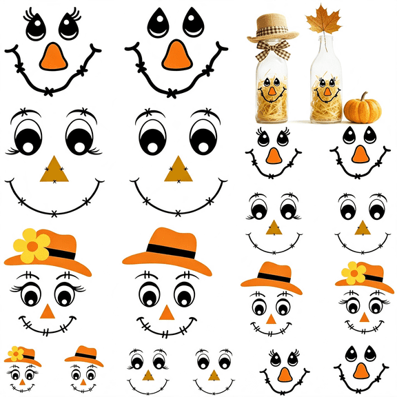 CCOCC 24Pcs Fall Scarecrow Face Stickers Vinyl Decals Cute Autumn Scarecrow Face Stickers for Diy Crafts Window Cups Wall Glass Halloween Thanksgiving Day Home Decoration(Face24)