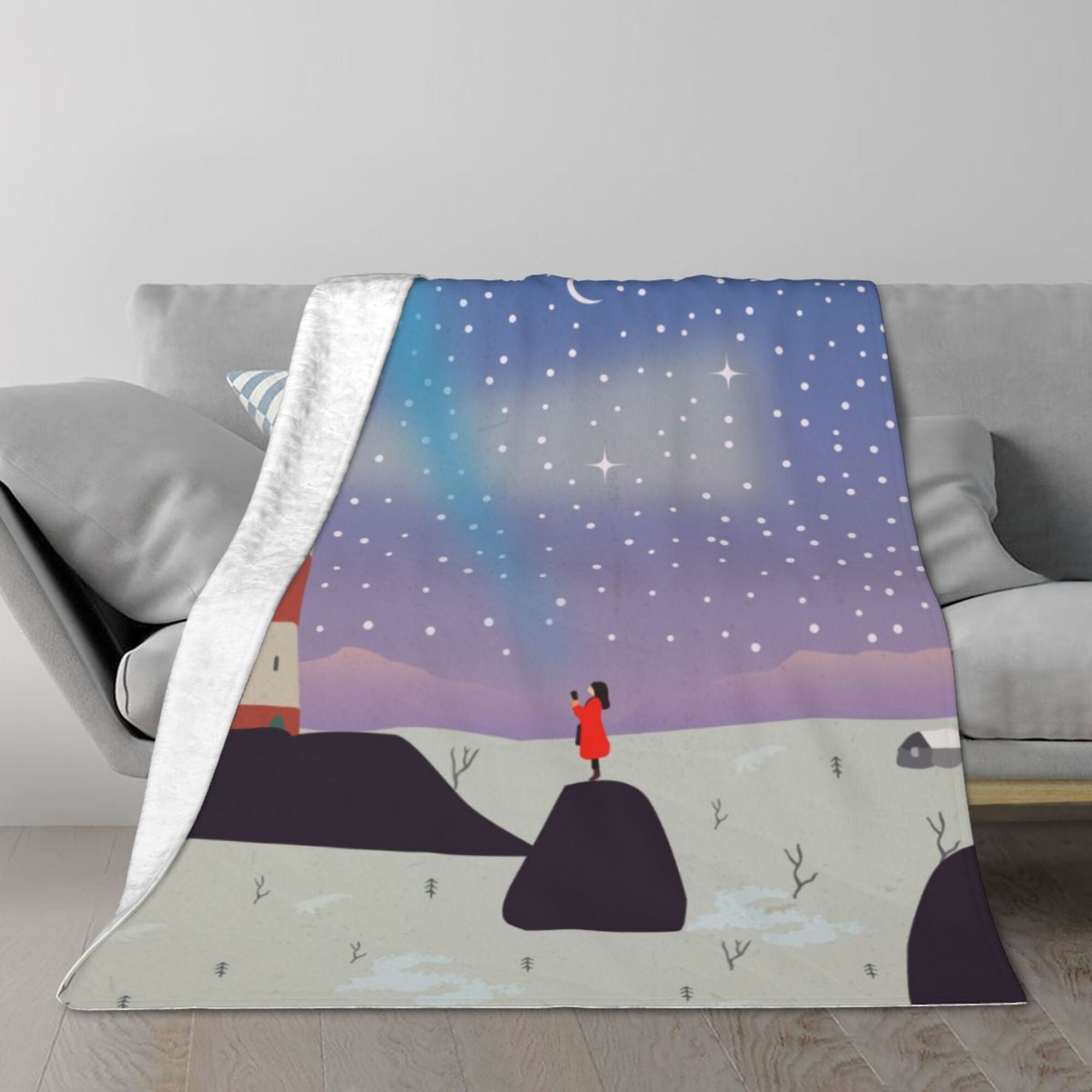 TEQUAN Double Layer Plush Bed Blanket, Night Sky Lighthouse Girl Stars