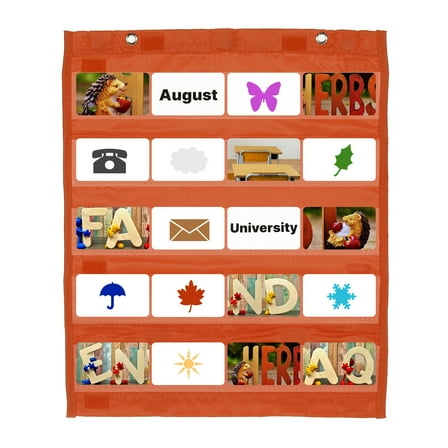 Magnetic Pocket Chart, Small Pocket Chart Mini Double Sided Classroom Pocket Chart Organizer Wall Hanging for Classroom Supplies, Brown
