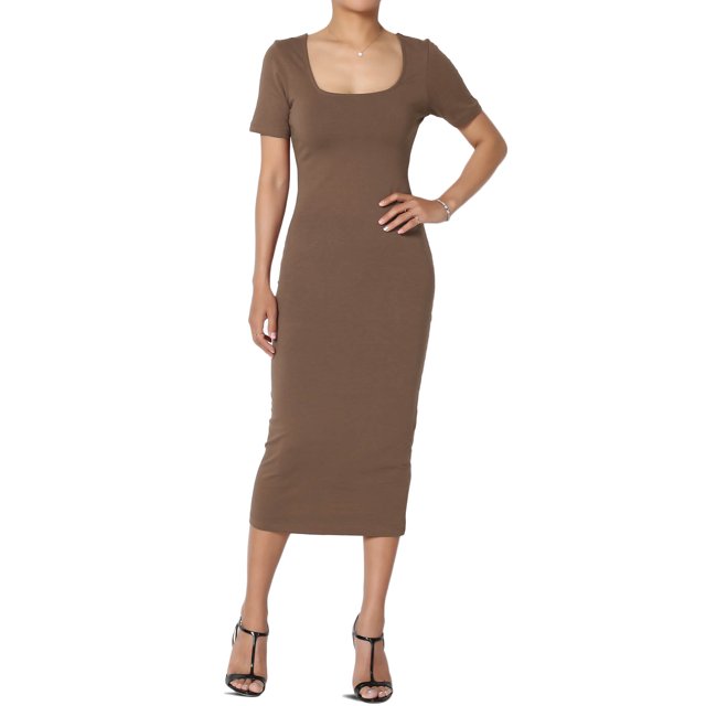 TheMogan Robe Midi Moulante Crayon en Coton Extensible à Manches Courtes et Encolure Carrée pour Femmes P-TG