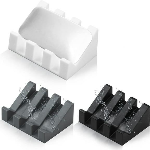 Silicone Soap Dish for Bar Soap Holder for Shower Bathroom Self Draining Waterfall Drying Tray Keep Soap Bars Dry Clean & Easy Cleaning (White Gray Black, 3)