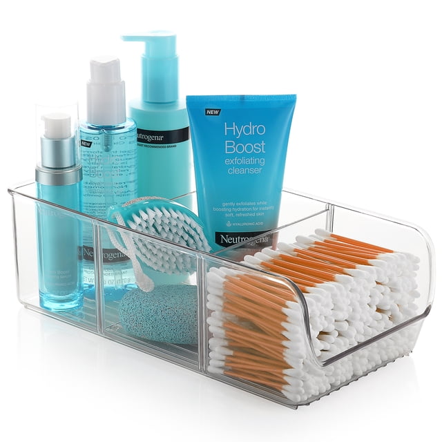 StorageBud 1 Pack Clear Plastic Bathroom Vanity Storage Bin with Handles - Container Organizer for Soaps, Shampoos, Conditioners, Cosmetics, Hand Towels, Hair Brush, Body Spray, Lotion & More