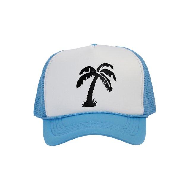 Men's Palm Tree Cap Snapback Trucker Hat, White/Sky Blue