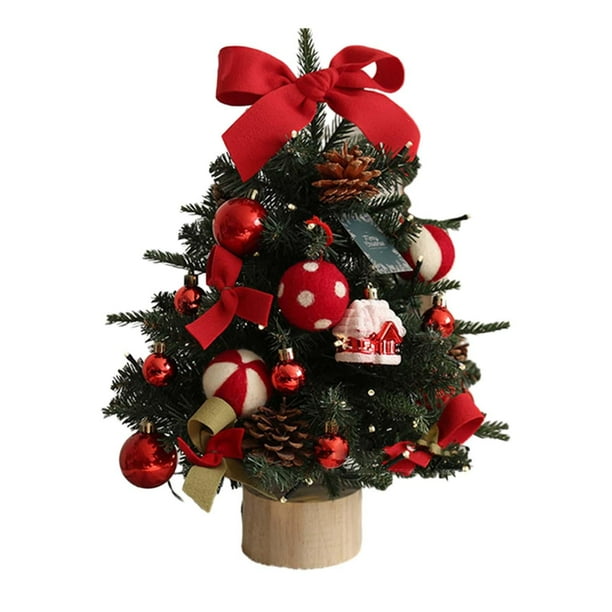 Mini árbol de Navidad artificial de mesa con luces para el patio de la casa. blanco rojo