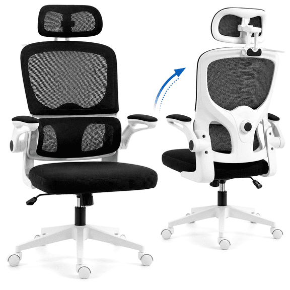 Delmango Ergonomic Office Chair with Flip-Up Arms and Coat Hook, Adjustable Headrest and Lumber Support, White