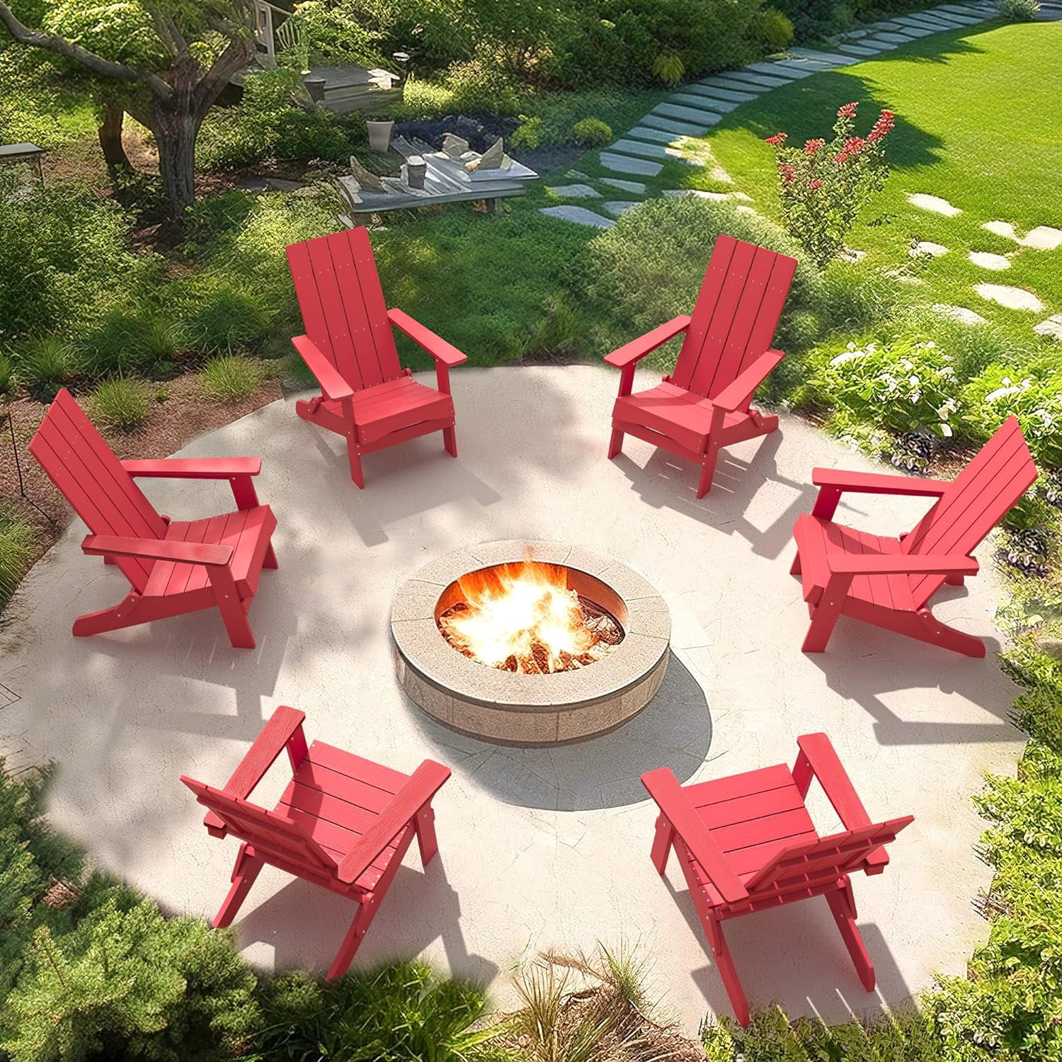 Dycanpo Folding Adirondack Chairs Set of 8, Hdps Poly Modern Outdoor Chair Weather Resistant, Red
