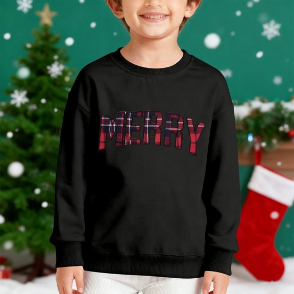 Crewneck Sweatshirt Childrens Christmas Graphic Crew Neck Long Sleeve Pullover Hoodless Top Black 5-6 Years