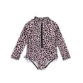 thumbnail image 2 of lnmuld Girls Pink Leopard Print Long Sleeve One Piece Swimsuit with Front Zipper and Ruffle UPF 50+ Sun Protection Rash Guard for Kids Size:6-7 Years, 2 of 7
