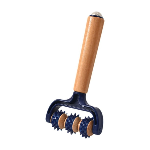 Masajeador corporal multifuncional compacto de mano con forma de T y rodillo meridiano. azul