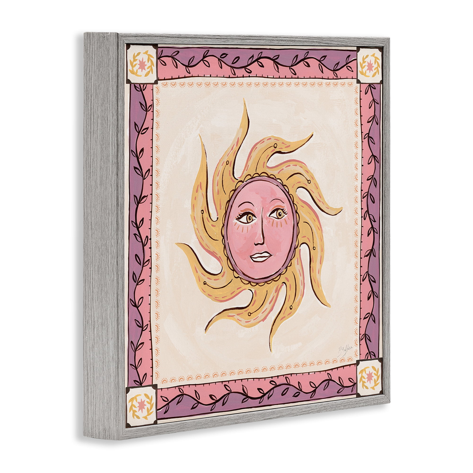 Stupell Industries Pink Sun Face with Leaf Border Gray Framed Giclee Art, design by Two If By Sea Studios