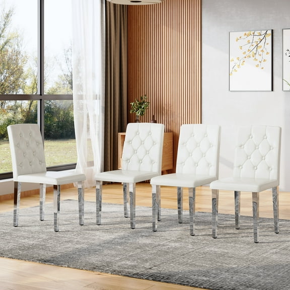 4-pack white PU dining chairs: ergonomic buckle backrest, 35 inches high, silver metal legs, a low-key and luxurious choice.