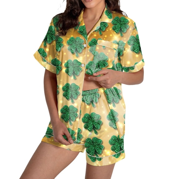 IWRICH Pajama for Women Short Sleeve Button down Tops and Shorts Satin Pjs 2 Piece Soft Sleepwear Loungewear Set 09-Gold XL