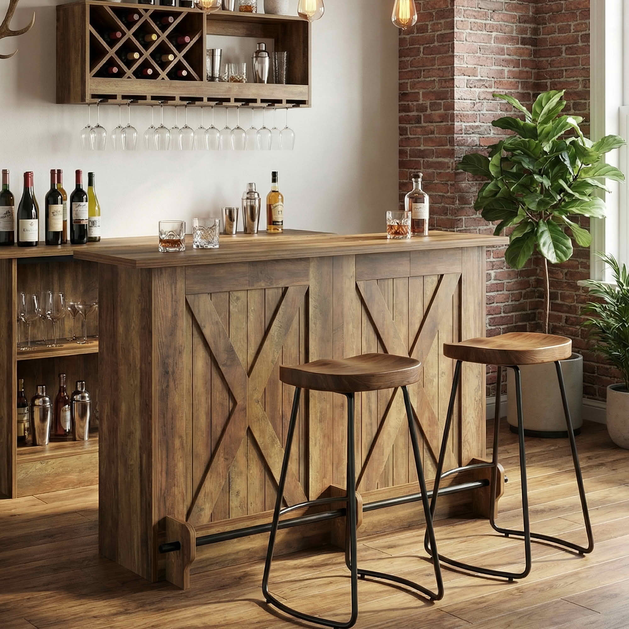 MAYEERTY 63 Inch 2 Tier Home Bar Unit, Industrial Bar Table Coffee Cabinet with Footrest, Adjustable Leg Pads for Home Party Wine Storage