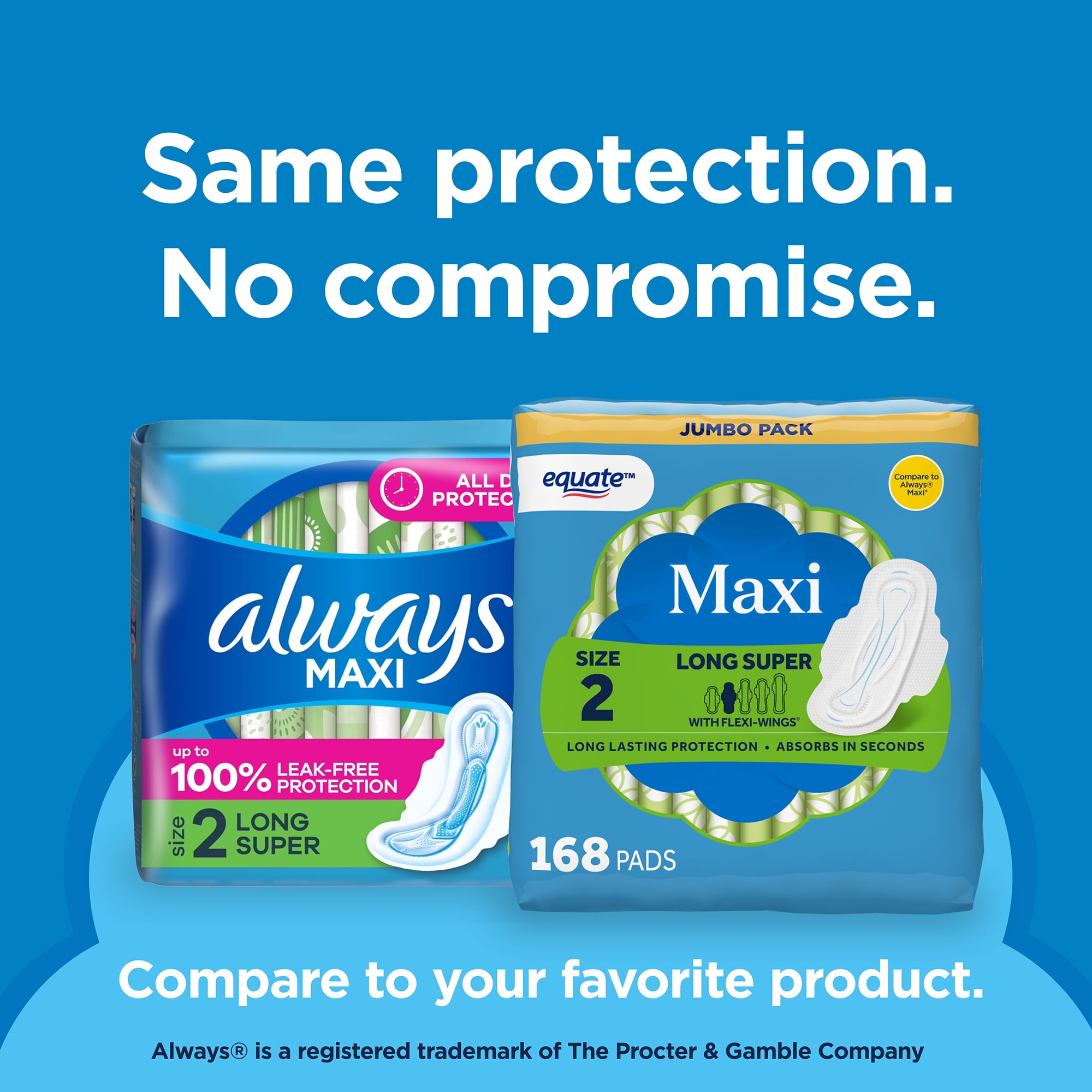 Equate Maxi Pads with Wings, Size 2, Long Super Absorbency, Compare to Always® (168 Count)