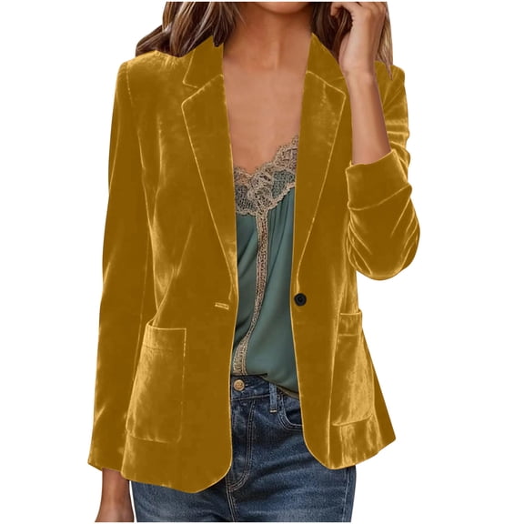 TEAJOPSUU Women's Velvet Blazer Business Notched Lapel Button Front Work Jacket Fall Fashion Long Sleeve V Neck Jacket Coat with Pockets B-Yellow
