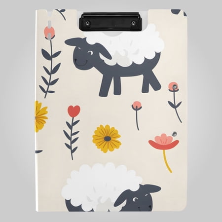 Sheep in Floral Field Cute Cartoon Foldable Binder Folder Clipboard with Pen Slot Double Clips A4 Size File Storage