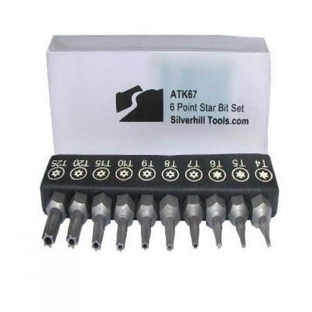 

Silverhill Tools ATK67 6 Point Star Security Bit Set with Security Bits (Torx TR Style with Pin In Hole) for Screwdriver Handle for 1/4 Inch Bits. Tool Sizes T4 T5 T6 T7 T8 T9 T10 T15 T20 T25)