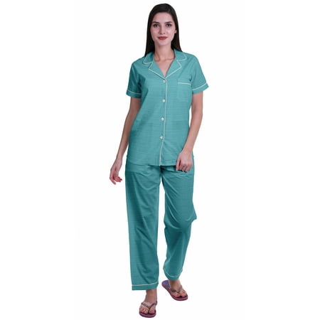 

Moomaya Printed Cotton Shirt Pajamas Notch Collar Sleepwear WoMen s Pajama Set