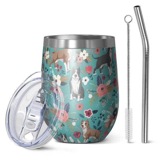 12oz Stemless Wine Tumblers Pitbull Dog and Flower Floral Vacuum Insulated Stainless Steel Travel Tumbler Cups Mug with Lid and Straw for Champaign,Cocktail,Beer with Cleaning Brush
