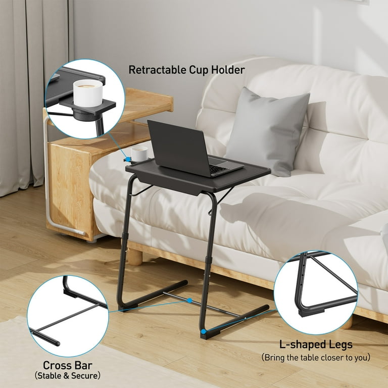 CHITOOMA TV Tray Table with Cup Holders Portable C Shaped Side Dinner Tray Table Adjustable 6 Heights 3 Tilt Angle for Living Room Bedroom Black