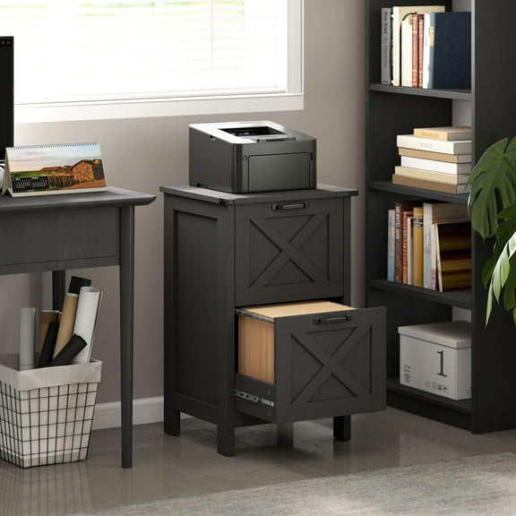 HOMCOM 2 Drawer Vertical File Cabinet with Silent Slides, Farmhouse Filing Cabinet with Barn Doors for A4/Letter Size, Printer Stand, Distressed Black