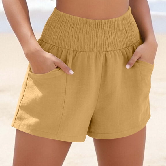YueHuiYing Linen Shorts for Women Summer Beach Casual Shorts Comfy Lightweight Vacation Cruise Outfits Lounge Pants with Pockets Yellow L