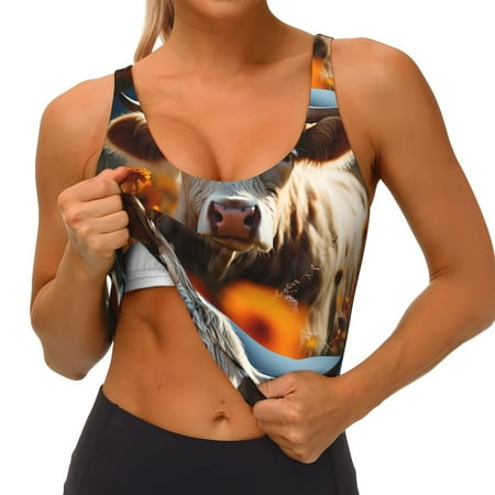 Qokaie Sunflower Cow In Flower Field Pattern Womens Scoop Neck Sports Bra Breathable Workout Vest Padded U Back Medium Impact Fitness Gym Yoga Bra Workout Crop Top