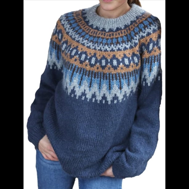 Suéter de Larga con Cuello Redondo para Mujer, Suéter Informal Estampado, Camisetas de Otoño 2025. Azul Oscuro S