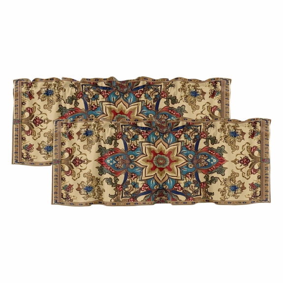 Boho Flower Window Valance, Bohemian Western Rustic Tribal Patterns 2 Pack Decorative Curtain for Small Windows, Light Filtering Valance with 3” Rod Pocket, 54"W x 18"L