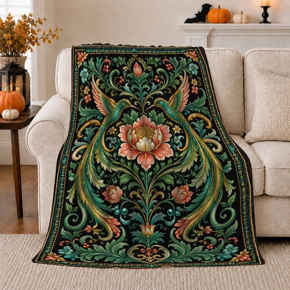 Ornate Floral Scrolls on Black, Elegant Folk Art Style for Flower Lovers, Green Botanical Garden Motif and Housewarming Gift, Soft Flannel Blanket for Bedroom and Reading Nook, Home Decor