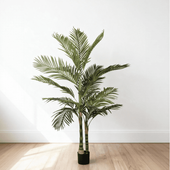 6FT Golden Cane Artificial Palm Tree with Black Plastic Pot, Tropical Fake Plant for Indoor Outdoor Decoration, Faux Palm, 1pc/set