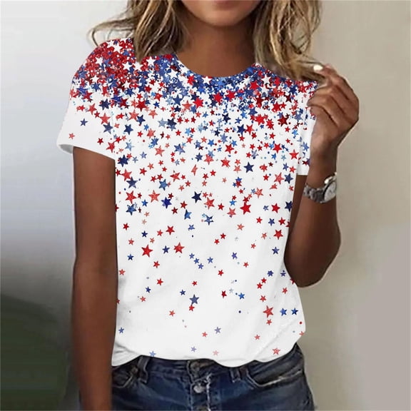 AnuYalue Patriotic Shirts for Womens Independence Day Graphic Blouse Short Sleeve Crewneck Top