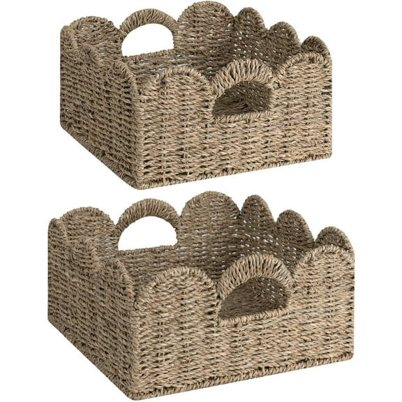 fdbtgysdb Scalloped Wicker Basket  Hand-woven Rattan Baskets with Built-in Handles  Seagrass Basket for Organizing and Decor  2 Pack