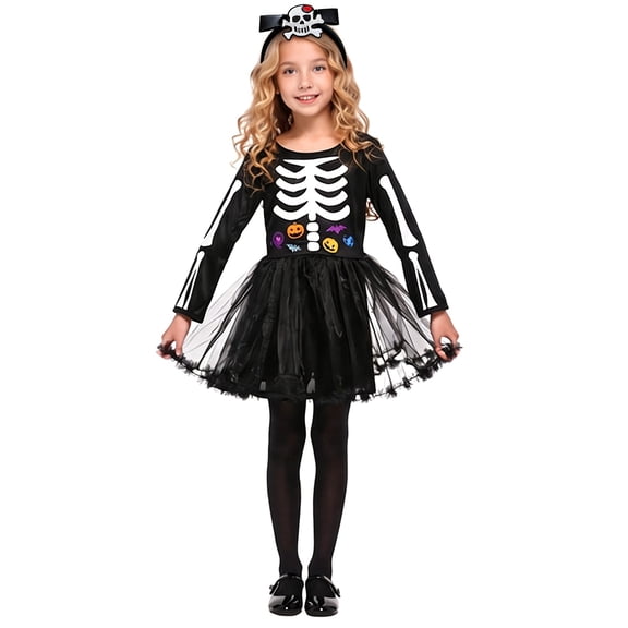 CAIVO Children Halloween Skeleton Dress Gothic For Girls Stage Performance Colorful Birthday Party Hallowmas Holiday Dress