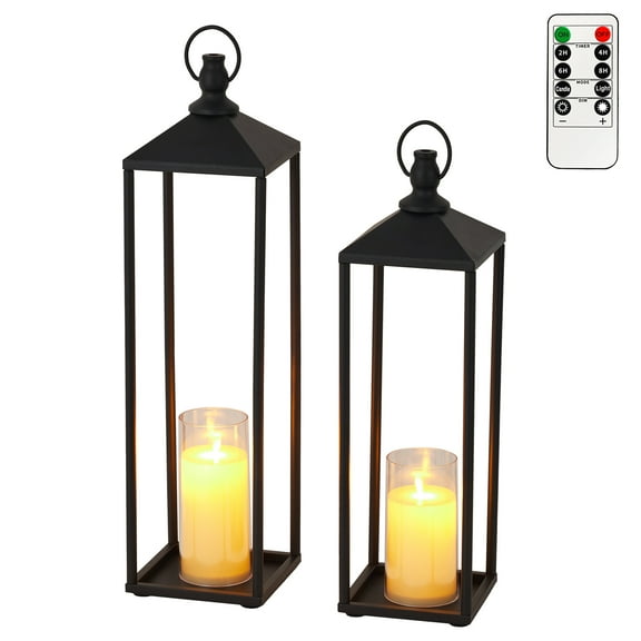 22" 19" Lanterns Decorative Outdoor & Indoor, Set of 2 Modern Metal Black Lantern with Flameless LED Candles, Decorative Lanterns for Home, Mantle, Patio, Porch, Garden, Floor