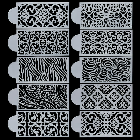 1set 10pcs Cake Decorating Stencils Baking Template Stencils Reusable 3D Cake Side Stencil Floral Lace Pattern Vine Plastic Embossing Stencils for Birthday Wedding Buttercream Dessert DIY Craft