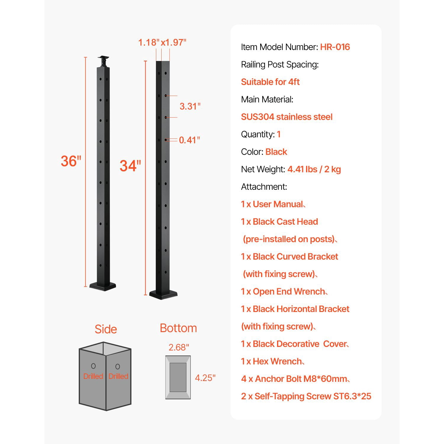 Cable Railing Post, L-Type Hole Design, 42" Height, SUS304 Stainless Steel, 3" Hole Spacing, for Corner Installation, Deck, Stair, Patio & Balcony Railing