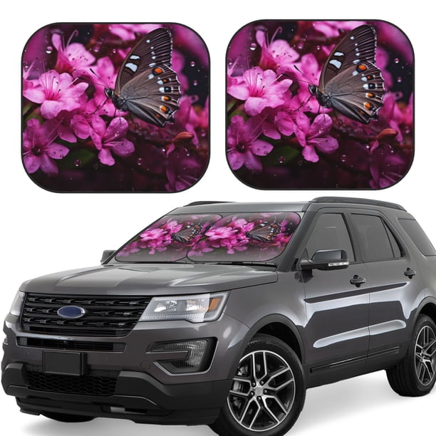 Fotbe Pink Blossoms Butterfly Juego de 2 Piezas de Parasoles para Parabrisas | Bloqueador Solar para Auto | Accesorios Plegables para Protección Solar Interior-Large