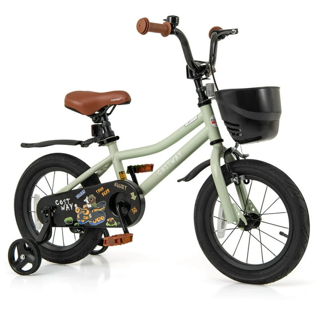 Costway 14" Kid's Bike with Training Wheels Adjustable Handlebar & Seat Handbrake Green